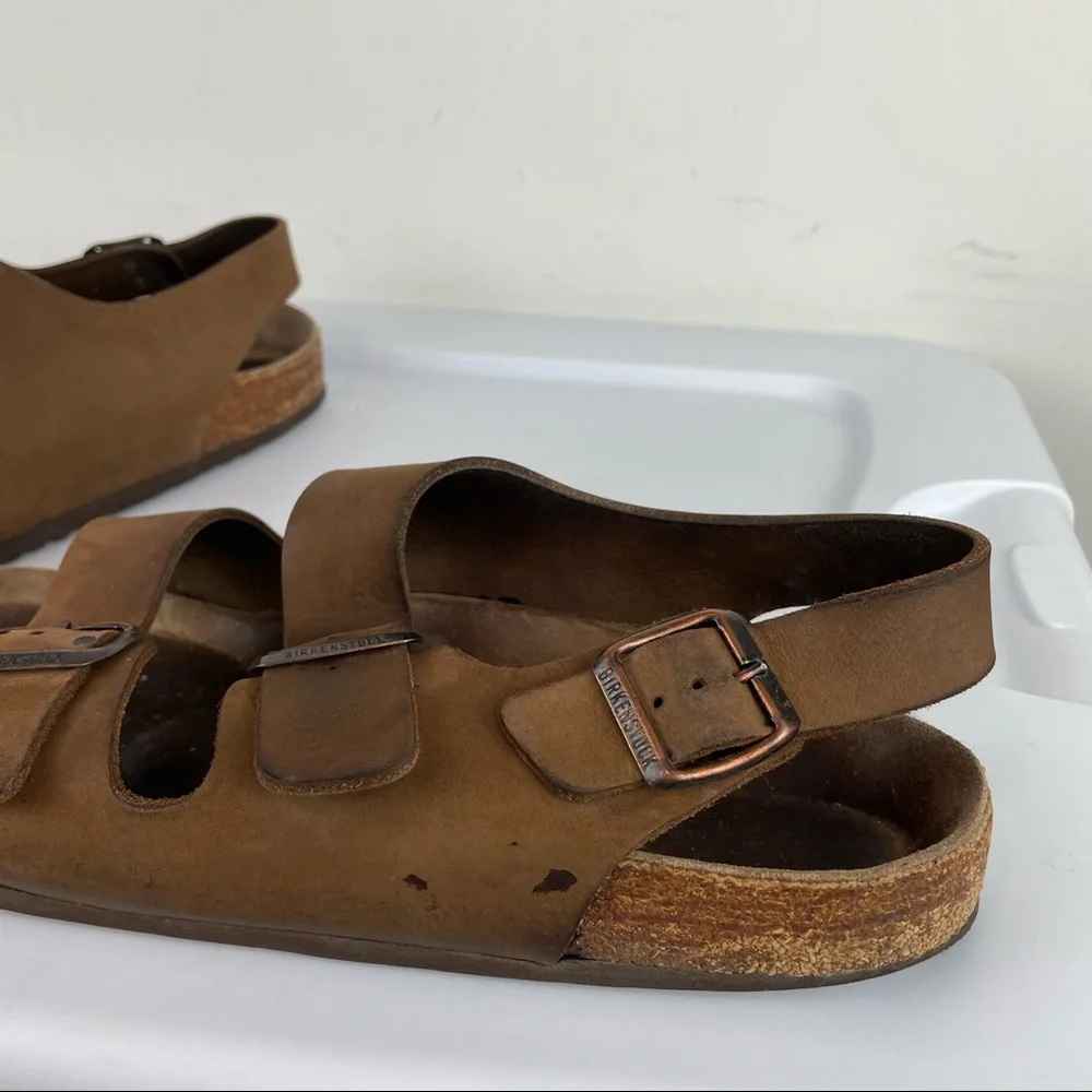 Birkenstock Mens Milano Brown Leather Buckle Straps Slingback Sandals Sz 10 / 43